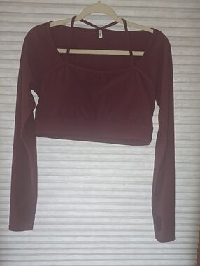 HALARA Burgundy Long Sleeve Strappy Crop Top Built In Bra